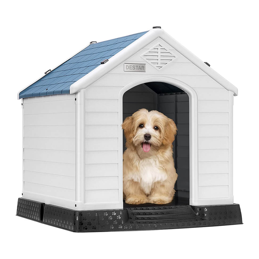 DEStar Durable Waterproof Plastic Pet Dog House Indoor Outdoor Puppy Shelter Kennel with Air Vents and Elevated Floor