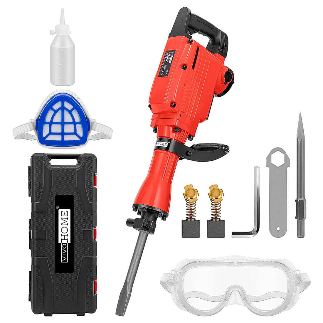 VIVOHOME 2200W 400 RPM Electric Demolition Jack Hammer Heavy Duty Concrete Breaker Drills Kit with Carrying Case Gloves Goggle and Removal tools
