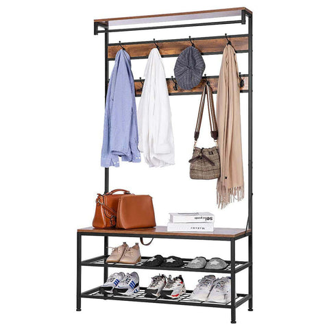  VIVOHOME 5-in-1 Entryway Hall Tree, Industrial Stand Organizer with Shoe Bench, Vintage MDF Wood Furniture with Stable Metal Frame