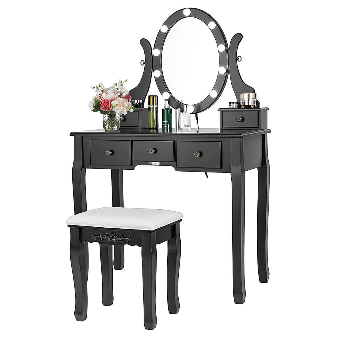 VIVOHOME Makeup Vanity Set with 10 Dimmable LED Bulbs, Dressing Table with 360° Rotating Lighted Mirror and Cushioned Stool, Black