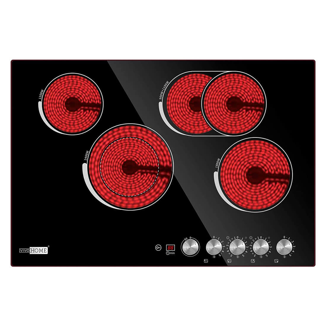 VIVOHOME 30 Inch 4 Burner 7400W Electric Radiant Cooktop, Smoothtop with 5 Heat Setting and 90-min Timer, Black