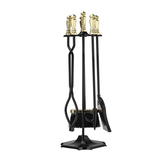 VIVOHOME Rustic Wrought Iron 5 Pieces Fireplace Tool Set with Poker Tongs Broom Shovel Stand and Brass Handle - VIVOHOME 1100