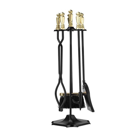 VIVOHOME Rustic Wrought Iron 5 Pieces Fireplace Tool Set with Poker Tongs Broom Shovel Stand and Brass Handle - VIVOHOME