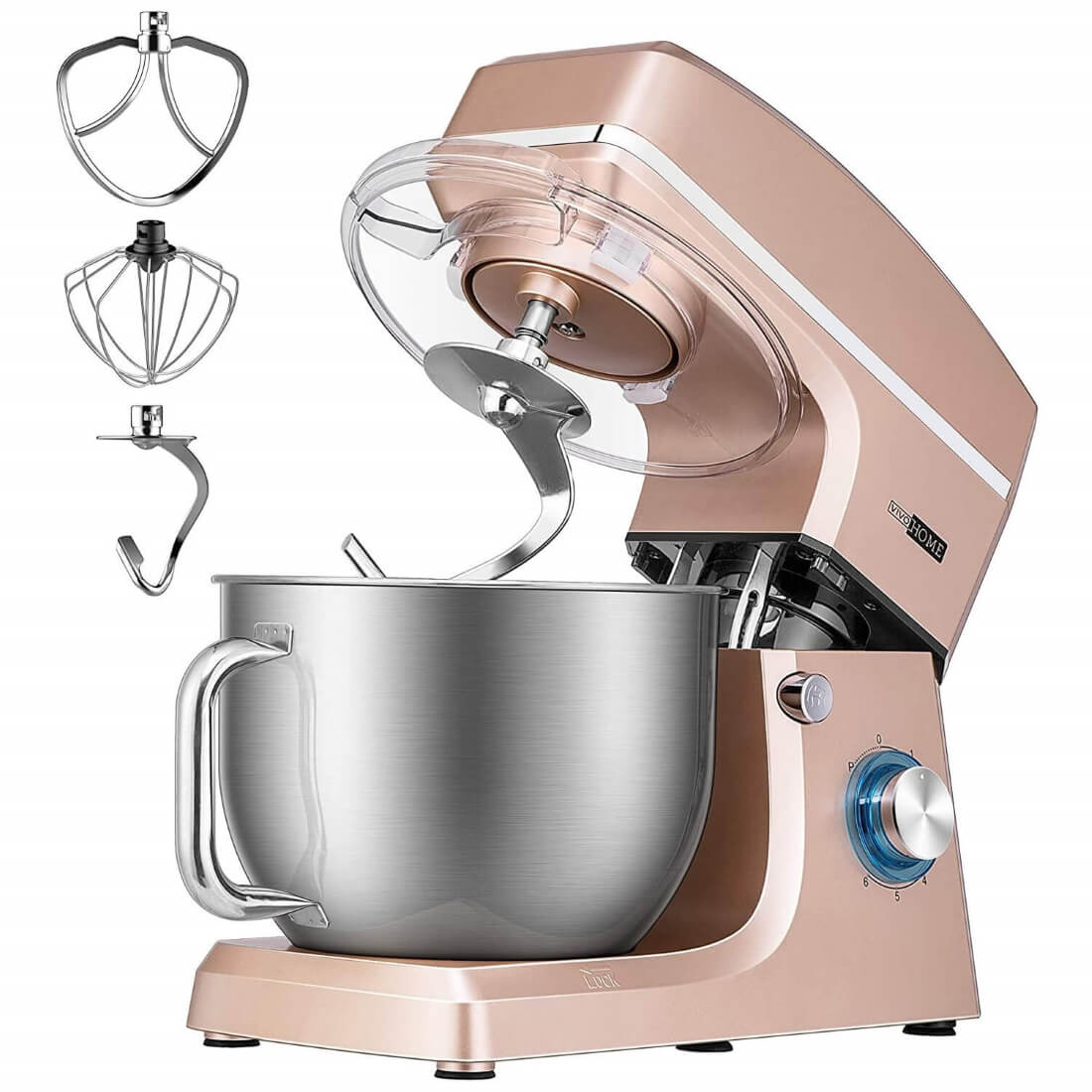 VIVOHOME 7.5 Quart Stand Mixer, 660W 6-Speed Tilt-Head Kitchen Electric Food Mixer with Beater, Dough Hook and Wire Whip, Champagne