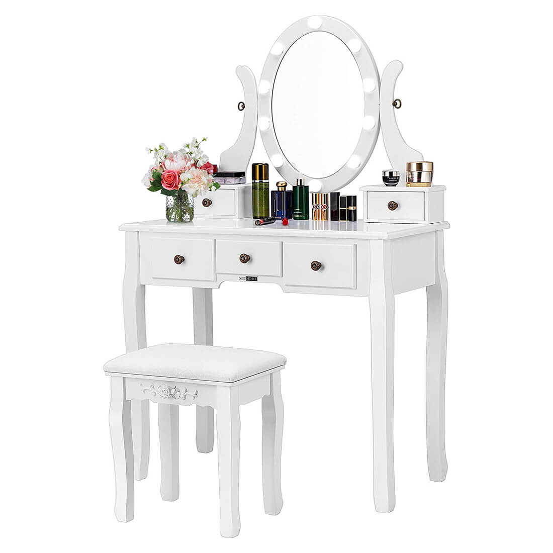VIVOHOME Makeup Vanity Set with 10 Dimmable LED Bulbs, Dressing Table with 360° Rotating Lighted Mirror and Cushioned Stool, White