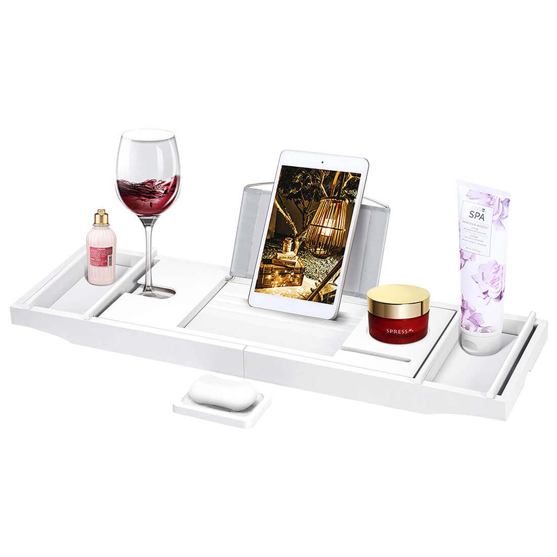 VIVOHOME Expandable 43 Inch Bamboo Bathtub Caddy Tray with Smartphone Tablet Book Holders, Soap Tray, Wine Glass Slot, White