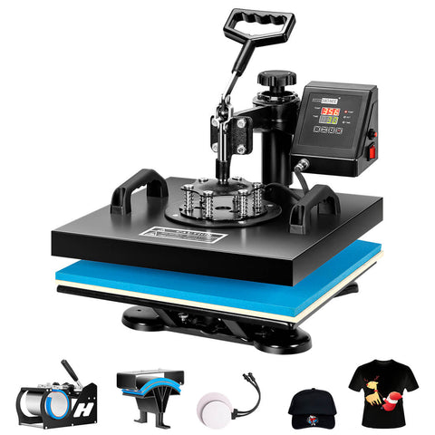 VIVOHOME 5 in 1 Combo Multifunctional Swing Away Clamshell Printing Sublimation Heat Press Transfer Machine for T-Shirt Hat Cap Mug Plate 15 x 15 Inch Blue and Black