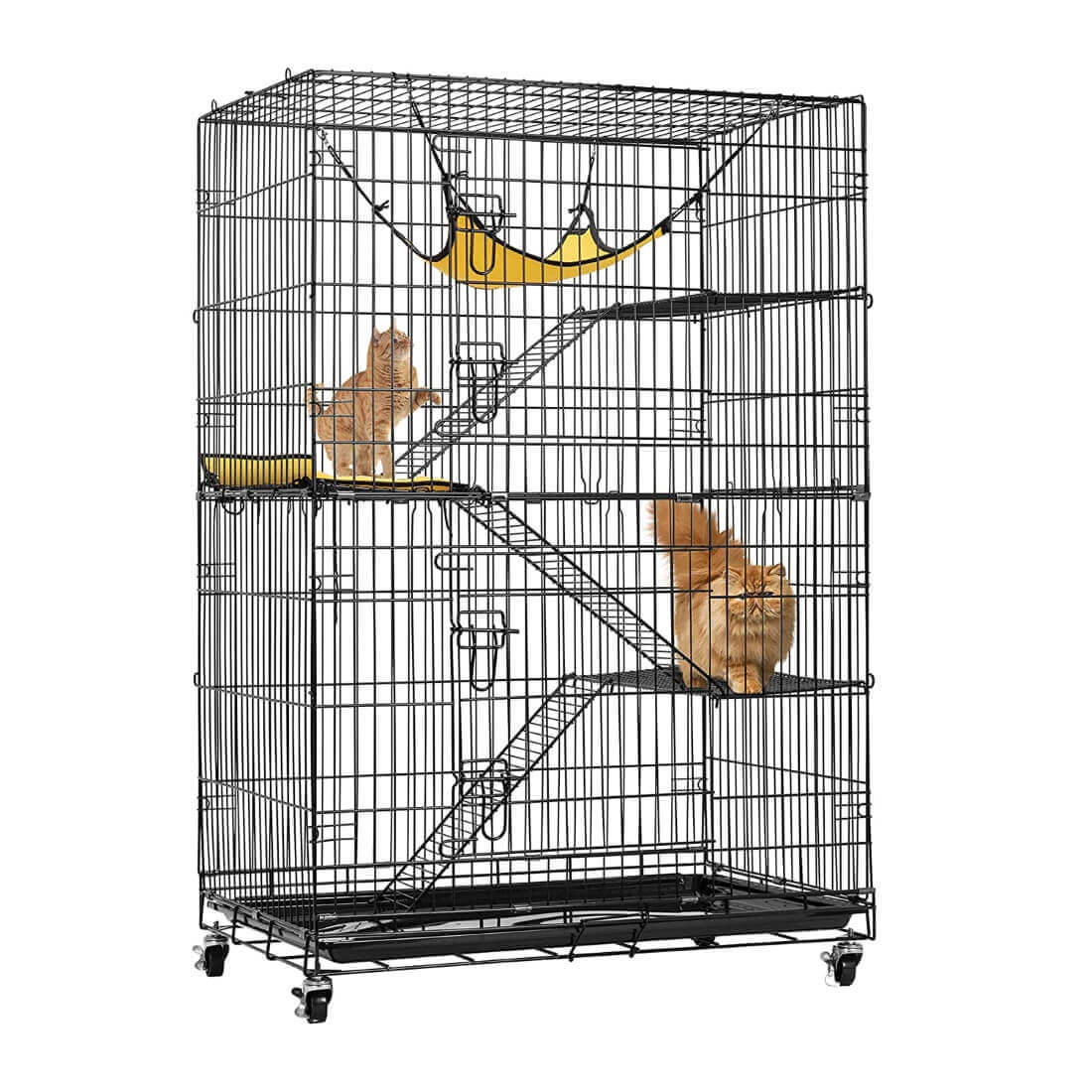  VIVOHOME 4-Tier 49 Inch Collapsible Metal Cat Kitten Ferret Cage 360° Rotating Casters Enclosure Pet Playpen with Ramp Ladders Hammock and Bed