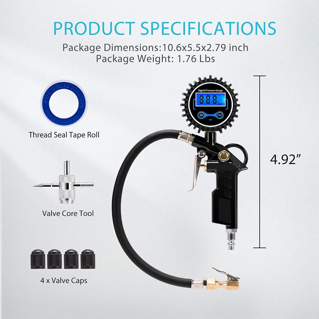 Car Tire Pressure Gauge 220 Psi Tire Inflator With Valve Core Tool