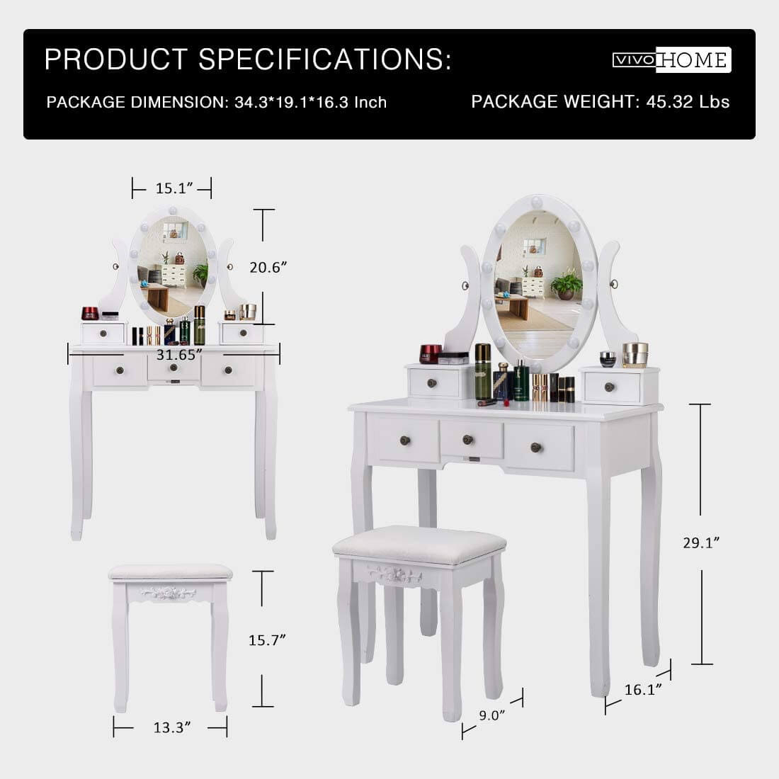 VIVOHOME Makeup Vanity Set with 10 Dimmable LED Bulbs, Dressing Table with 360° Rotating Lighted Mirror and Cushioned Stool, White