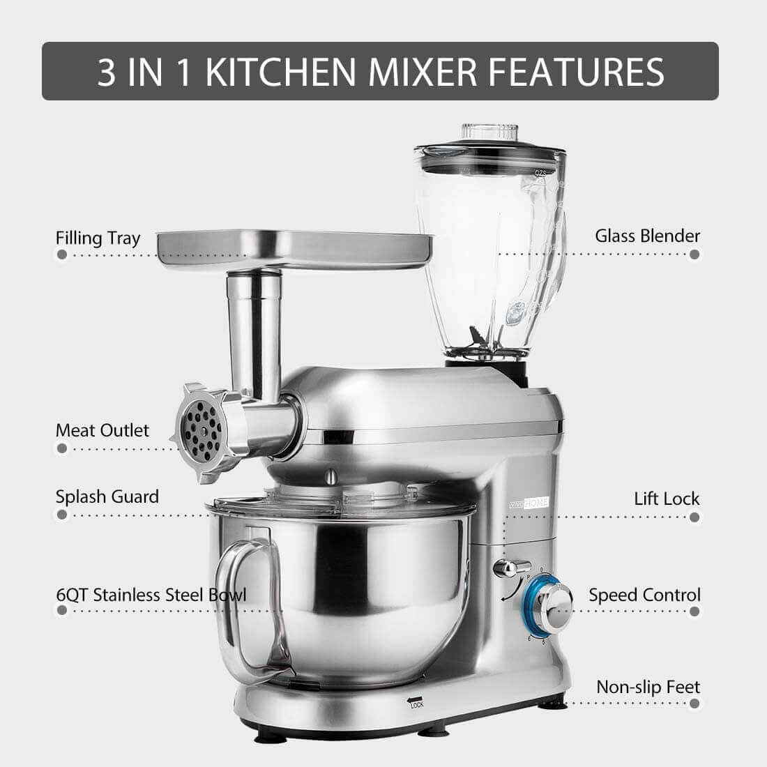 VIVOHOME 3 in 1 Multifunctional Stand Mixer with 6 Quart Stainless Steel Bowl, 650W 6-Speed Tilt-Head Meat Grinder Juice Blender, Silver