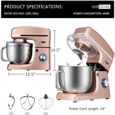 VIVOHOME 7.5 Quart Stand Mixer, 660W 6-Speed Tilt-Head Kitchen Electric Food Mixer with Beater, Dough Hook and Wire Whip, Champagne