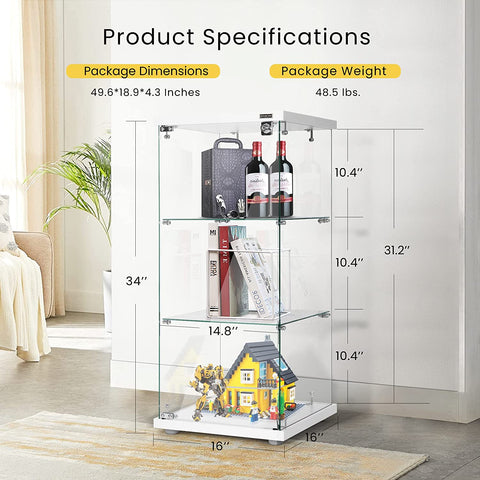 VIVOHOME 3 Layers Glass Countertop Display Showcase Cabinet Bookcase 16 x 16 x 34inches