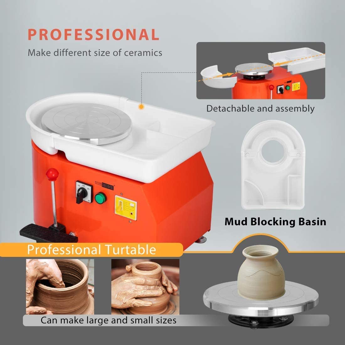 VIVOHOME 25CM Pottery Wheel Forming Machine 350W Electric DIY Clay Tool with Foot Pedal and Detachable Basin for Ceramic Work Art Craft Orange