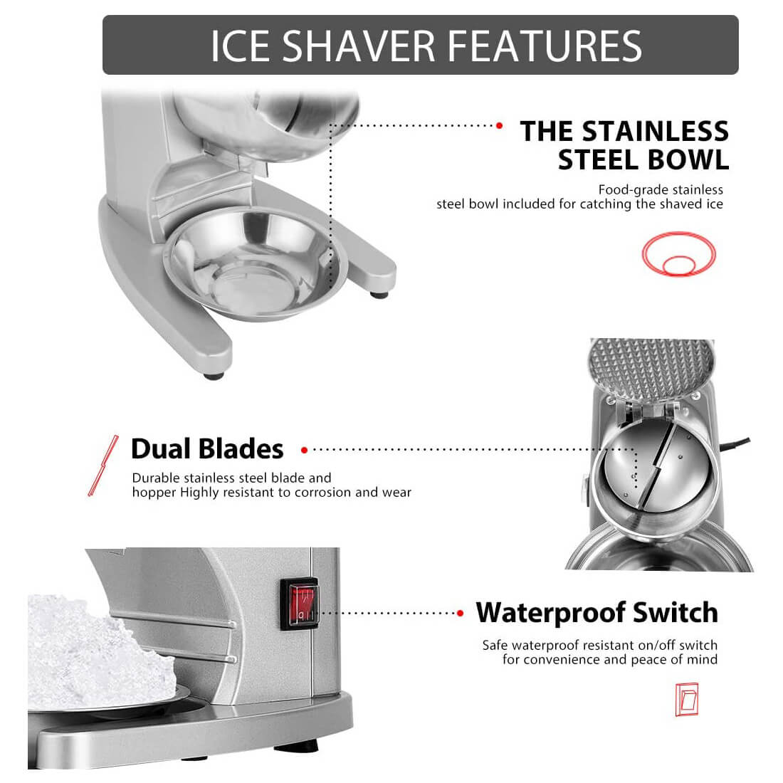 VIVOHOME Electric Ice Shaver Snow Cone Maker Machine Silver 143lbs/hr with  Ice Pick for Home and Commercial Use