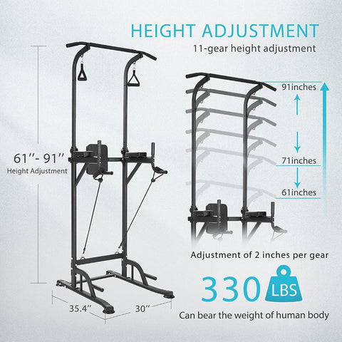 VIVOHOME Height Adjustable Multi-Function Power Tower with Backrest Workout Dip Station Pull Up Bar Stand Fitness Strength Training Exercise Equipment for Home Gym 330LBS