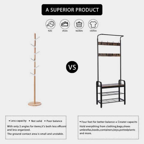 VIVOHOME 3-in-1 Entryway Hall Tree, Heavy Duty MDF Stand Coat Rack with Storage Bench, Industrial Wood Furniture with Stable Metal Frame, 8 Hooks