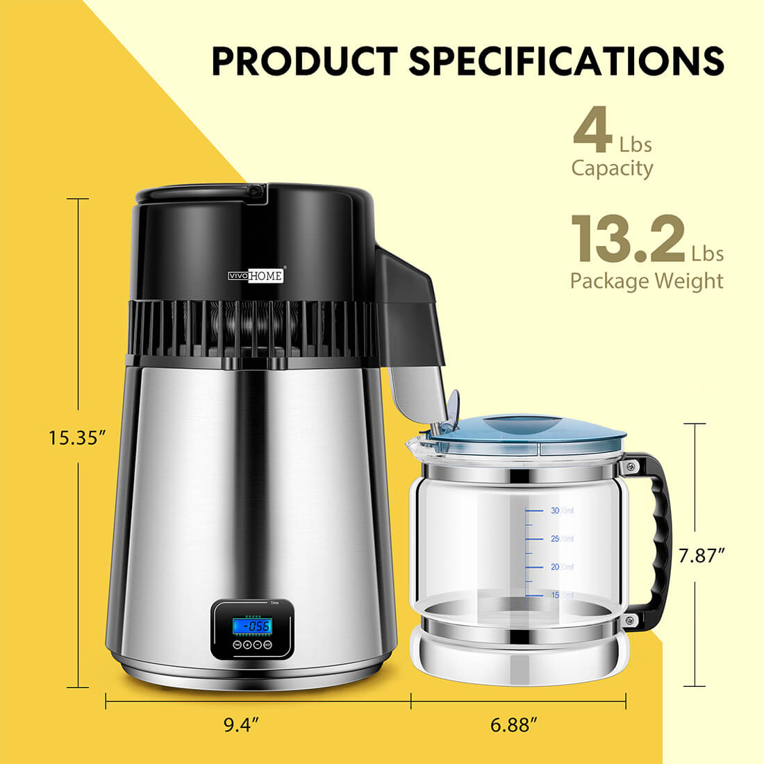 VIVOHOME 16-Cup Brushed 304 Stainless Steel Water Distiller Machine with LCD Screen #X002UQQXTZ