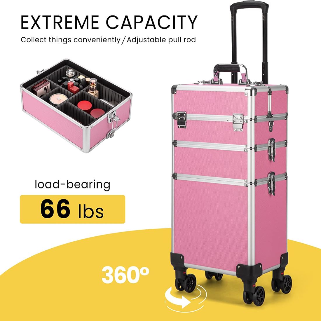 VIVOHOME 4 in 1 Makeup Rolling Train Case Aluminum Trolley Professional Cosmetic Organizer Box with Shoulder Straps 2 Keys Pink(Cosmetic are not included)