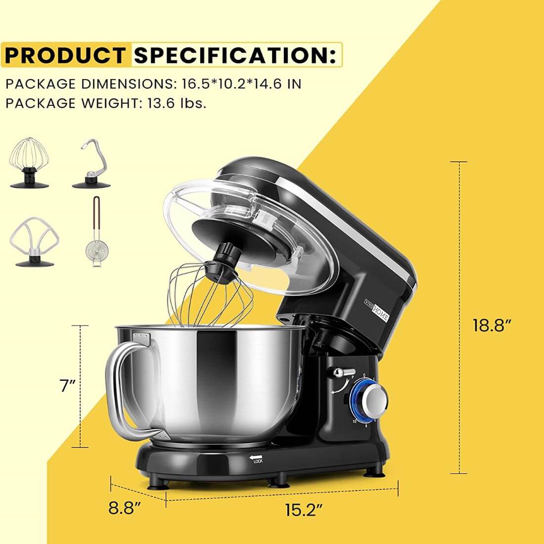 VIVOHOME Stand Mixer, 650W 6 Speed 6 Quart Tilt-Head Kitchen Electric Food Mixer with Beater, Dough Hook and Wire Whip, Black