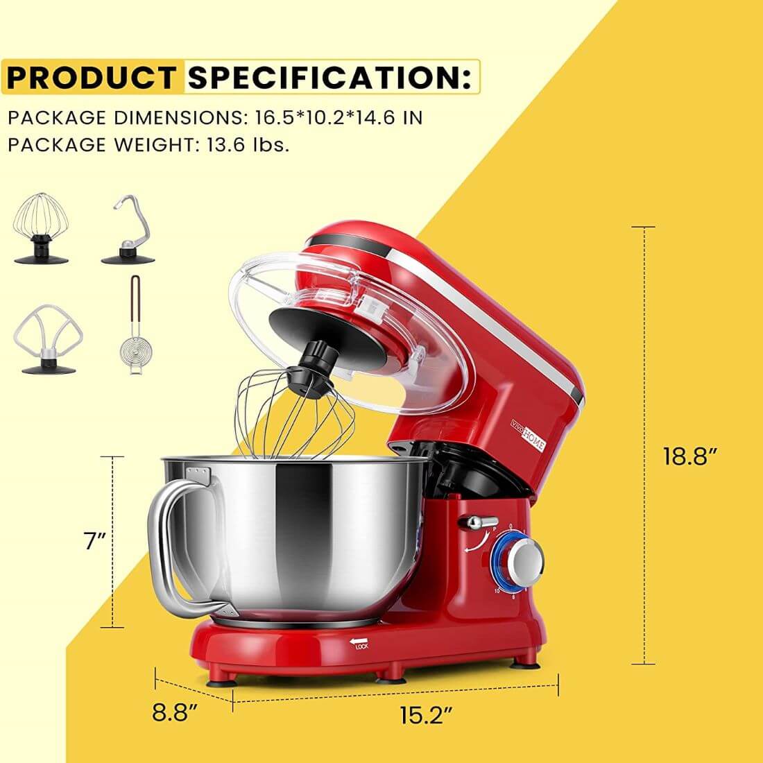 VIVOHOME 6 qt. 6- speed Red 3 in 1 Multifunctional Stand Mixer
