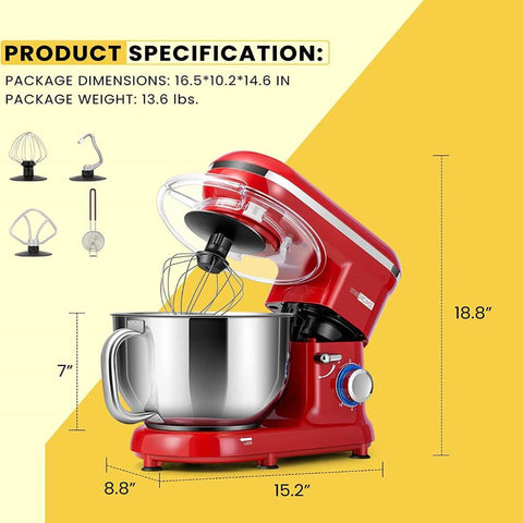 VIVOHOME Stand Mixer, 650W 6 Speed 6 Quart Tilt-Head Kitchen Electric Food Mixer with Beater, Dough Hook and Wire Whip, Bright Red