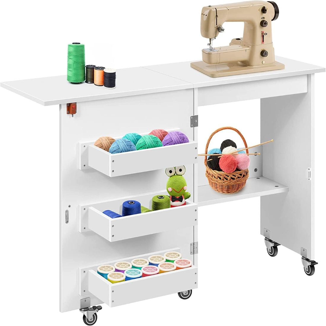 Sewing Craft Table, Art Desk with Storage Shelves and Lockable Casters,  White