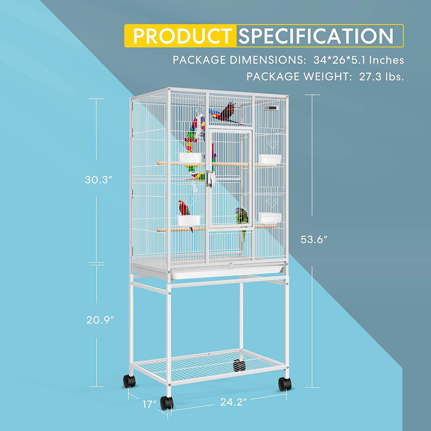 VIVOHOME 54 Inch Wrought Iron Bird Cage with Rolling Stand for Parrot Parakeet White