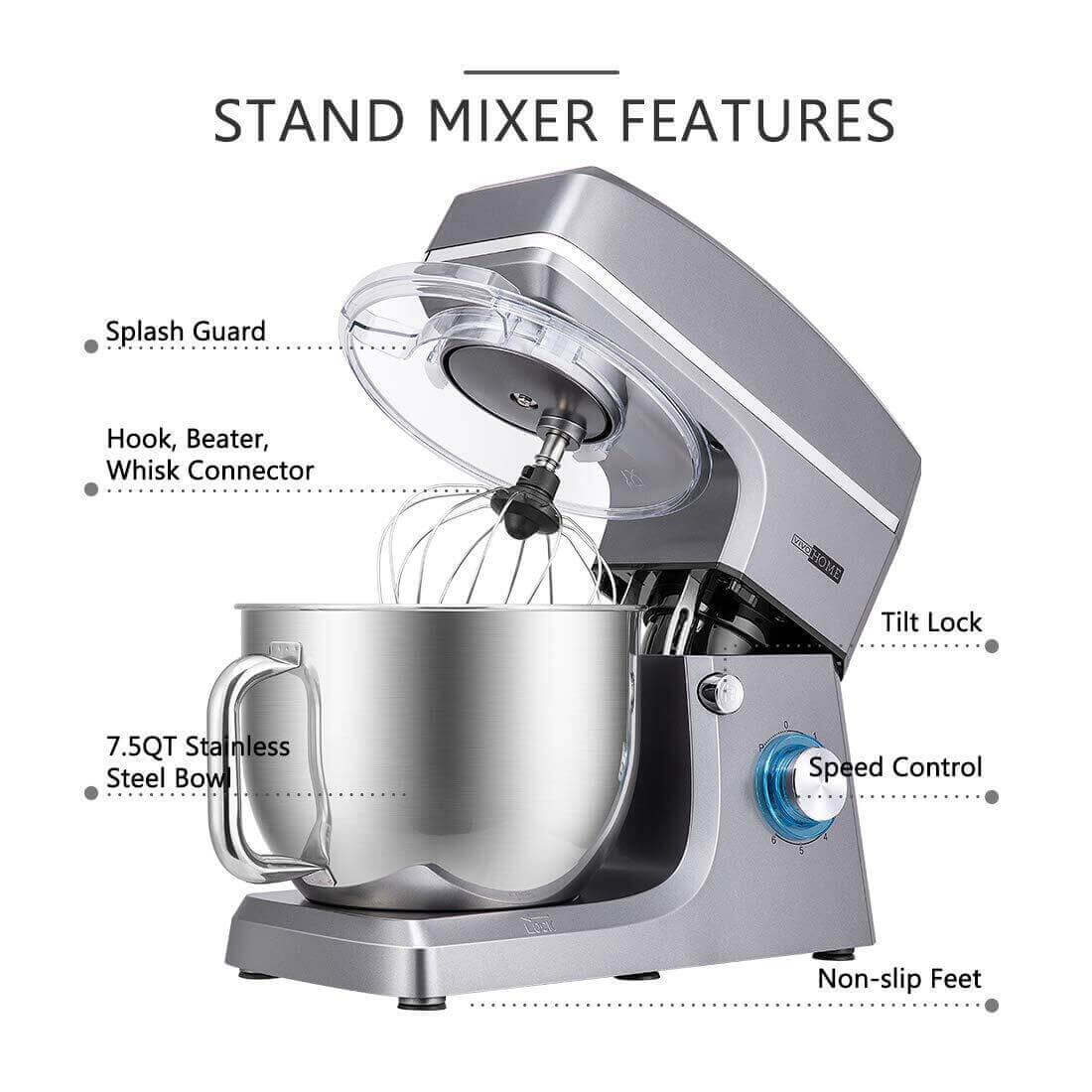 Aucma Stand Mixer,6.5-QT 660W 6-Speed Tilt-Head Food Mixer, Kitchen  Electric Mixer with Dough Hook, Wire Whip & Beater (6.5QT, Silver)