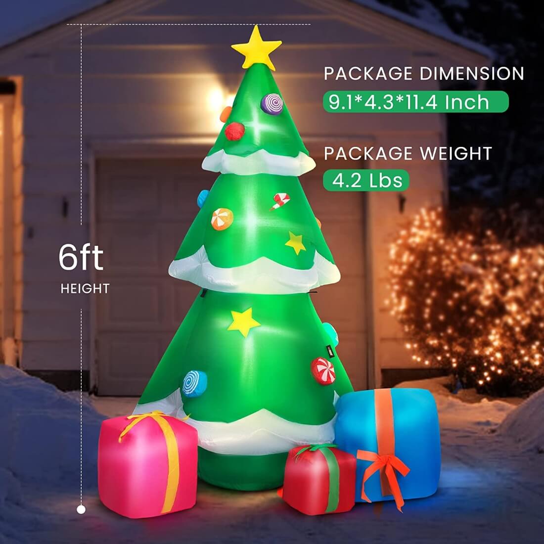  VIVOHOME 6ft Height Inflatable LED Lighted Christmas Tree with 3 Gift Boxes Candy Cane Stars and Ornaments