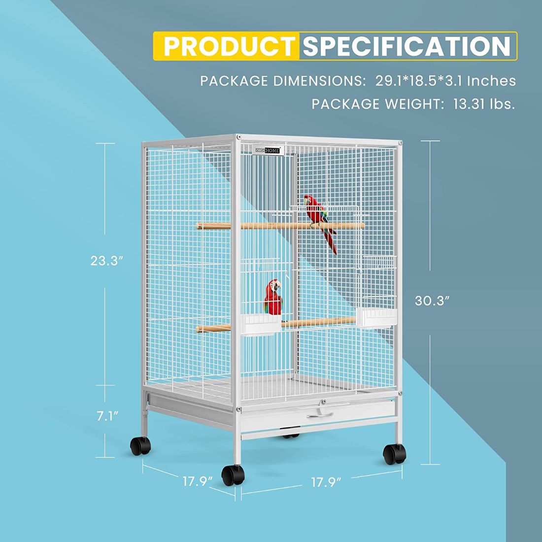 VIVOHOME 30 Inch Height Wrought Iron Bird Cage with Rolling Stand for Parrots Conure Lovebird Cockatiel White