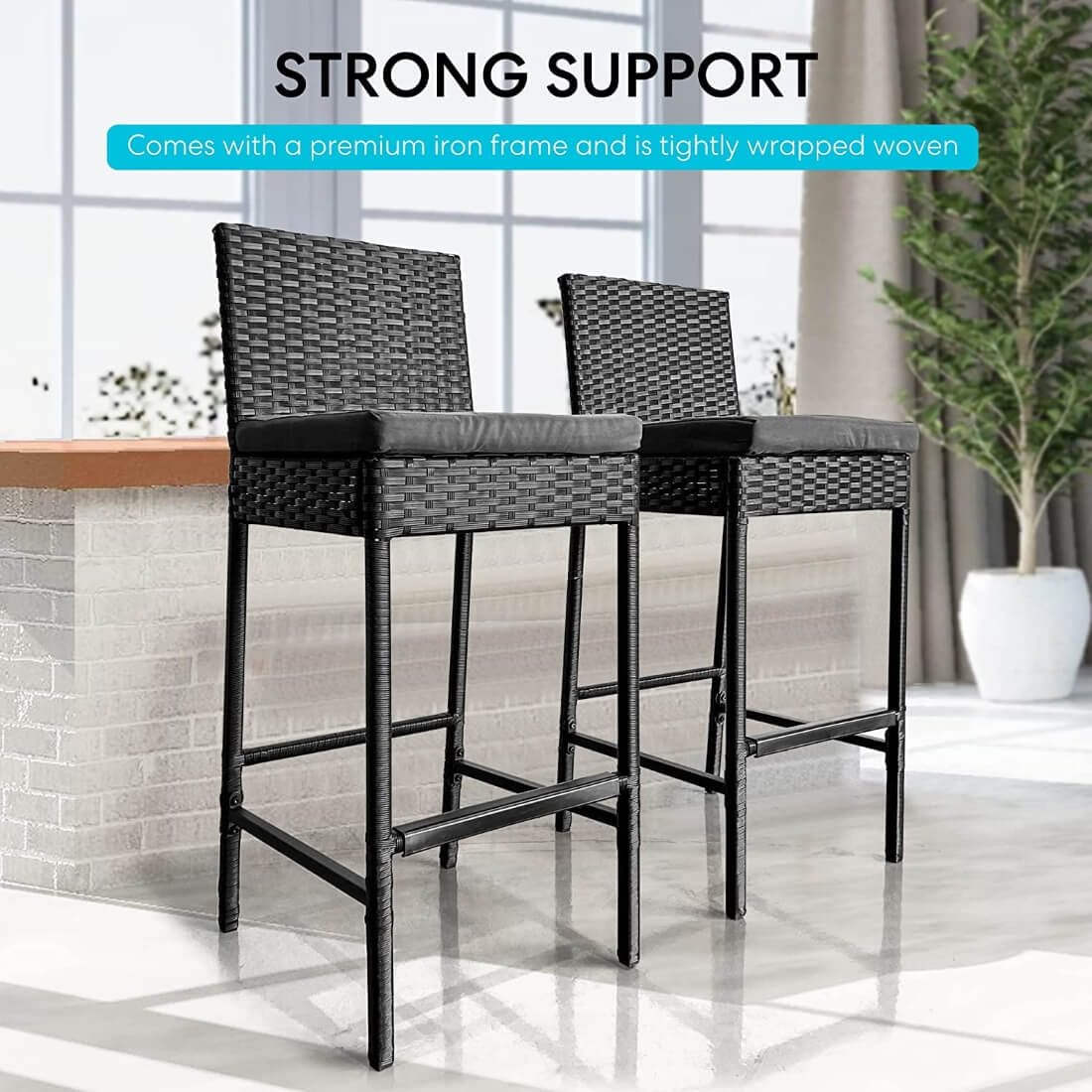 VIVOHOME 4 Packs Outdoor Wicker Barstool Patio Rattan Furniture with Cushions Black