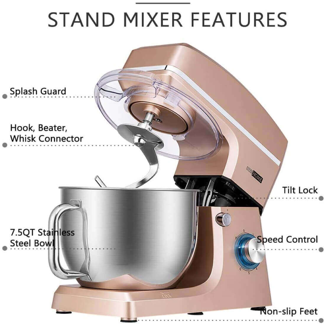 Tilt-Head Stand Mixer 7.5 Qt 6 Speed 660W with Dough Hook