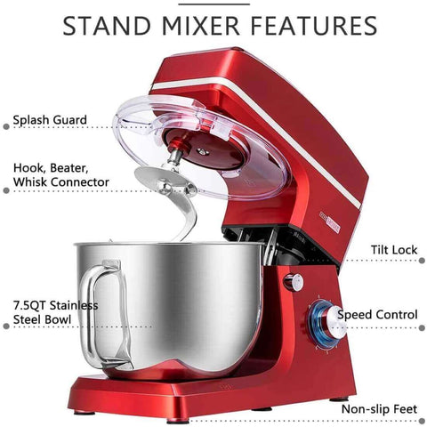 VIVOHOME 7.5 Quart Stand Mixer, 660W 6-Speed Tilt-Head Kitchen Electric Food Mixer with Beater, Dough Hook and Wire Whip, Red