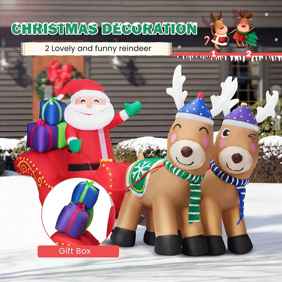VIVOHOME 7ft Long Christmas Inflatable LED Lighted Santa on Red Sleigh with Reindeers and Gift Boxes Blow up Outdoor Yard Decoration