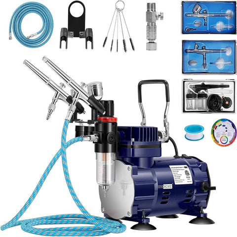 VIVOHOME 110-120V Professional Airbrushing Paint System with 1/5 HP Air Compressor and 3 Airbrush Kits for Tattoo Makeup Shoes Cake Decoration Blue