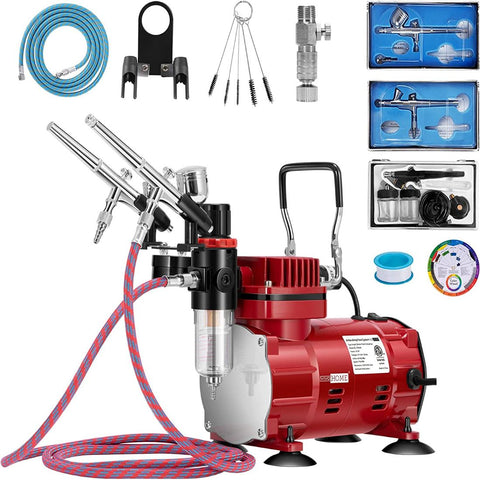VIVOHOME 110-120V Professional Airbrushing Paint System with 1/5 HP Air Compressor and 3 Airbrush Kits for Tattoo Makeup Shoes Cake Decoration Red