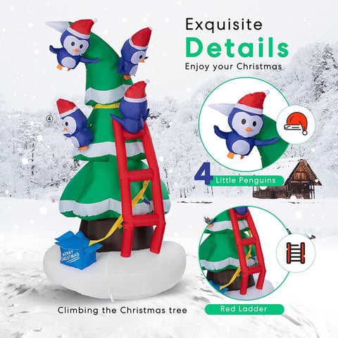 VIVOHOME 8ft Height Inflatable Christmas Tree with Penguins and Red Ladder Built-in LED Lights Blow up Outdoor Lawn Yard Decoration