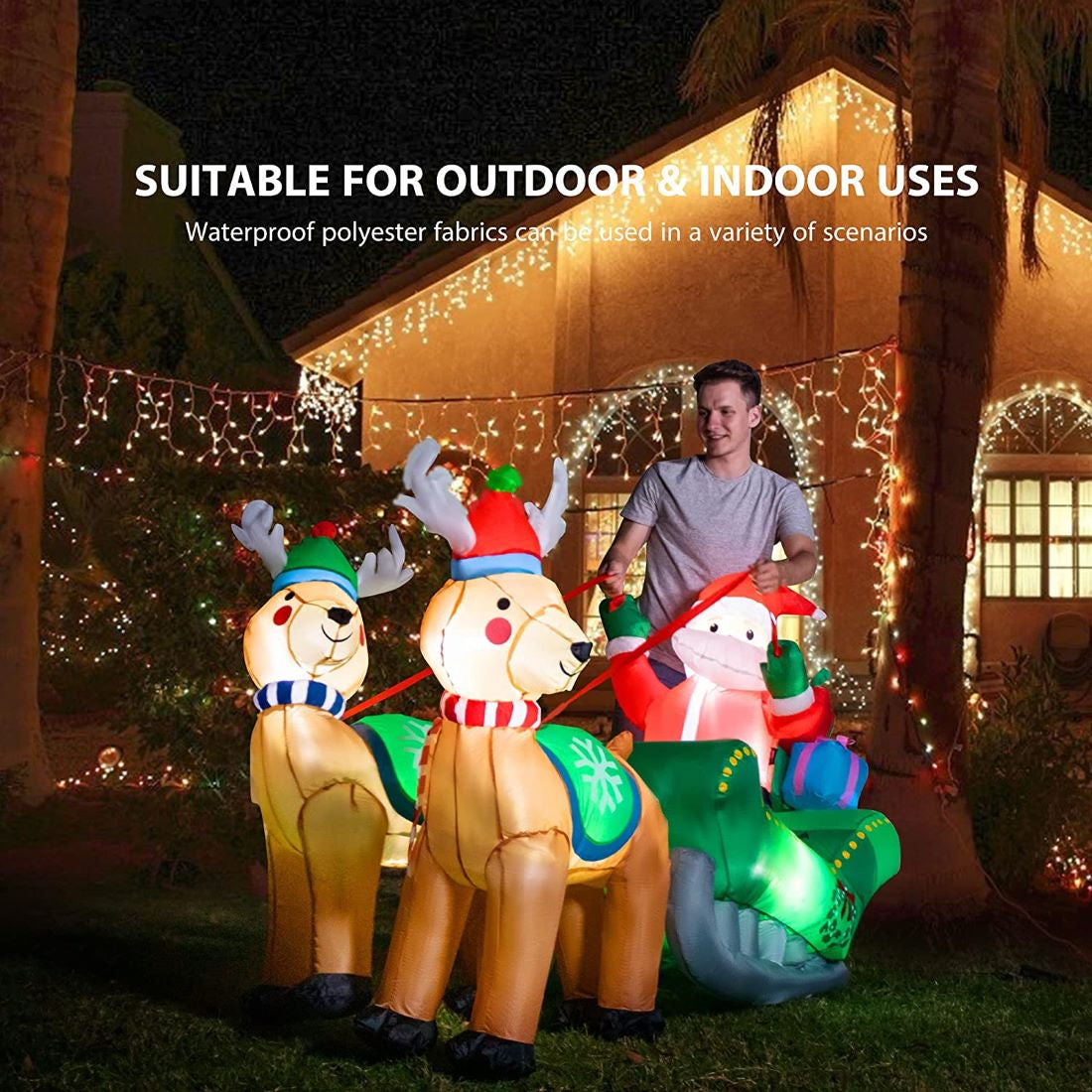 VIVOHOME 6.9ft Long Christmas Inflatable LED Lighted Santa on Sleigh with Reindeers and Gift Boxes Blow up Outdoor Yard Decoration