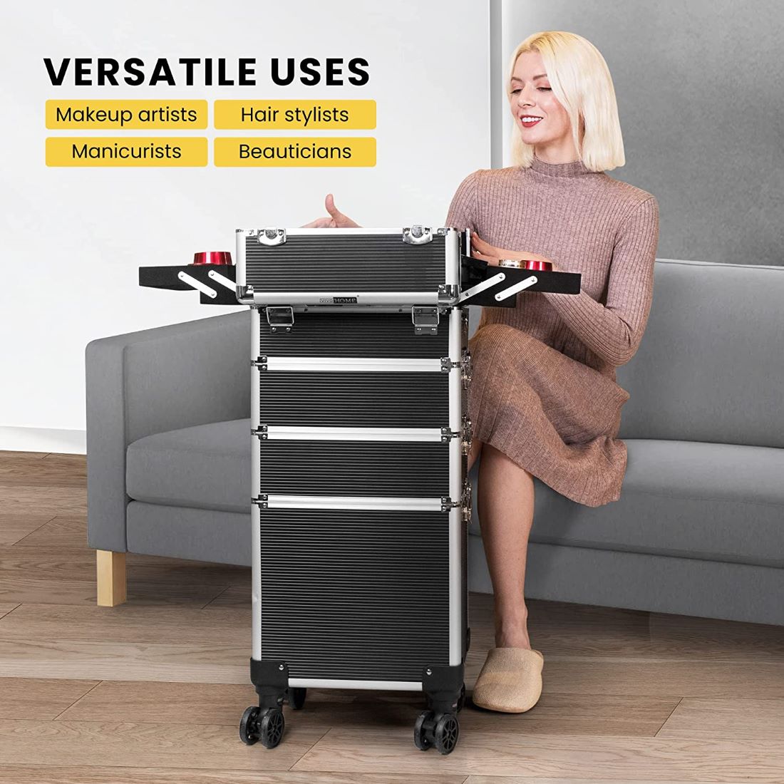 VIVOHOME 4 in 1 Makeup Rolling Train Case Aluminum Trolley Professional Cosmetic Organizer Box with Shoulder Straps 2 Keys Black(Cosmetic are not included)
