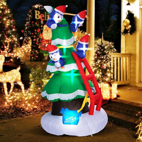 VIVOHOME 8ft Height Inflatable Christmas Tree with Penguins and Red Ladder Built-in LED Lights Blow up Outdoor Lawn Yard Decoration