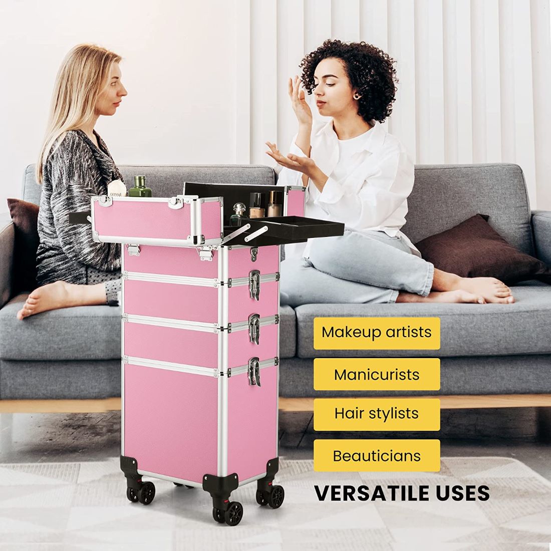VIVOHOME 4 in 1 Makeup Rolling Train Case Aluminum Trolley Professional Cosmetic Organizer Box with Shoulder Straps 2 Keys Pink(Cosmetic are not included)