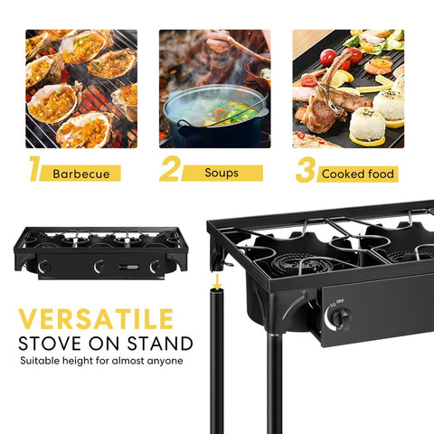 VIVOHOME Outdoor 3-Burner Stove, Max. 225,000 BTU/hr, Heavy Duty Tri-Propane Cooker with Detachable Legs Stand for Camping Cookout