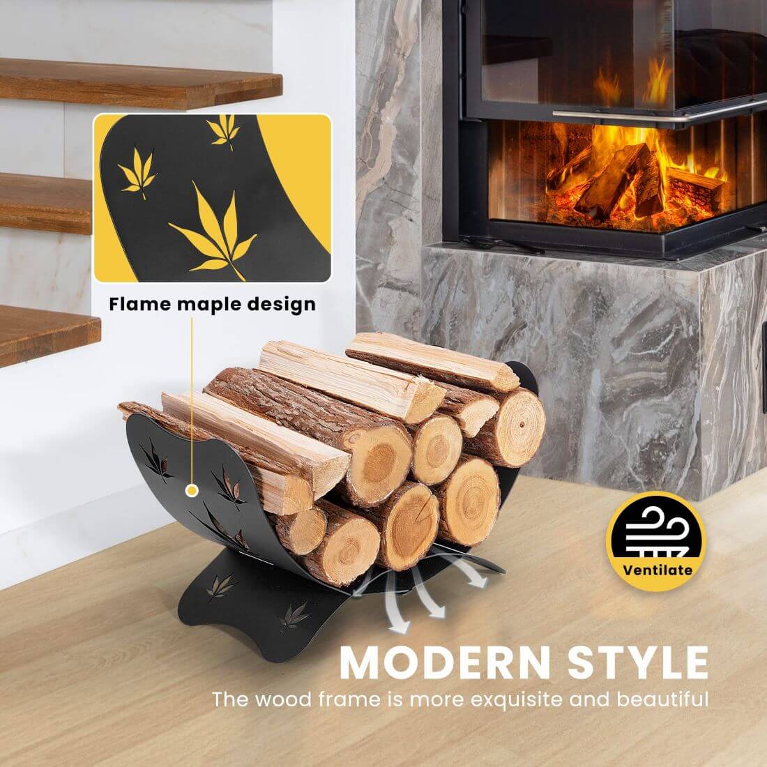 VIVOHOME Decorative 21 Inches Firewood Storage Log Rack Stand Hollow Maple Leaf Pattern Small Wood Holder Indoor Outdoor Black