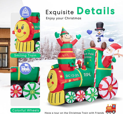 VIVOHOME 6ft Height Christmas Inflatable Santa Claus on The Train with Elf and Snowman Built-in LED Lights Blow up Outdoor Lawn Yard Decoration