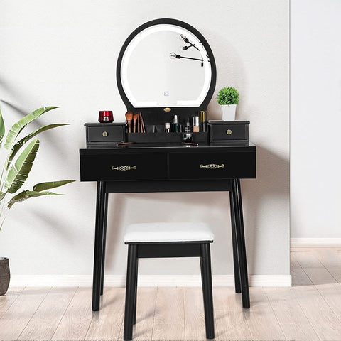 VIVOHOME Vanity Set with 3-Color Dimmable Lighted Mirror, Makeup Dressing Table with Drawers, Padded Stool, Black