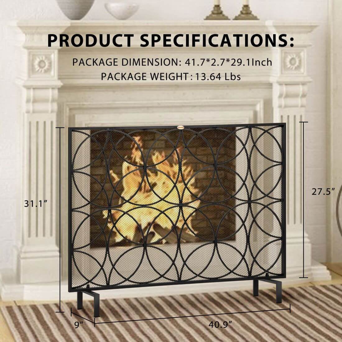 38x31in Single Panel Fireplace Screen Solid Wrought Iron Mesh Fire