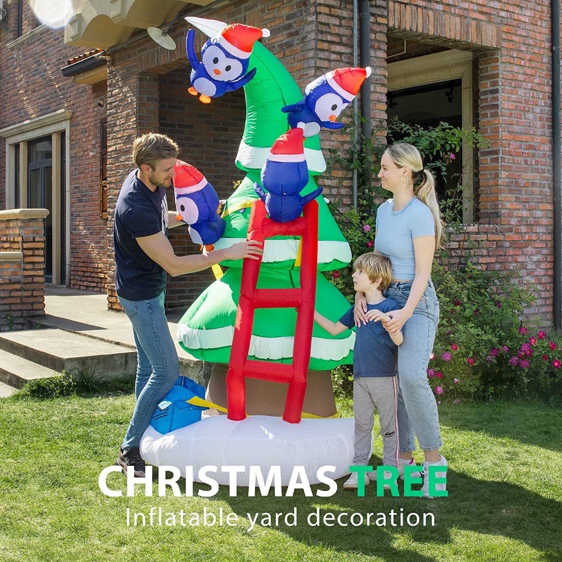 VIVOHOME 8ft Height Inflatable Christmas Tree with Penguins and Red Ladder Built-in LED Lights Blow up Outdoor Lawn Yard Decoration\